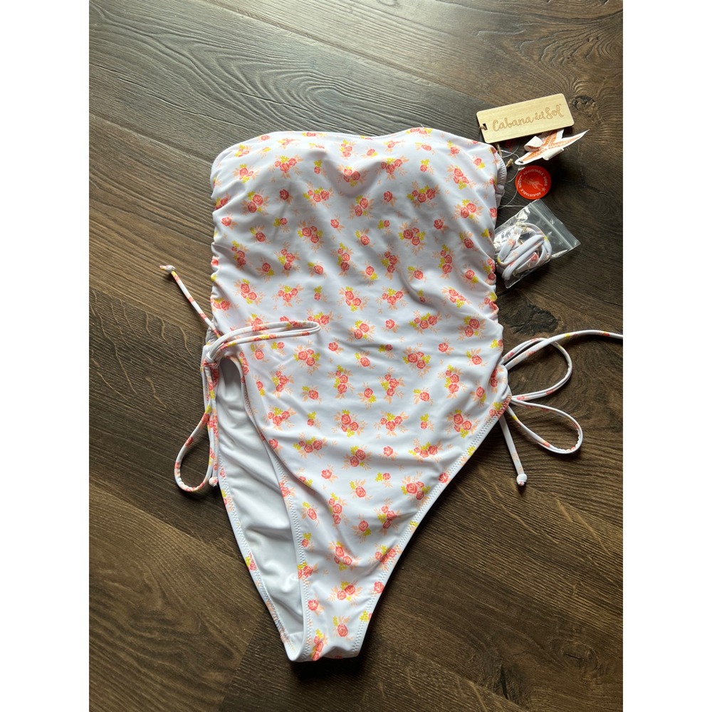 Cabana del Sol Womens Floral Bandeau One Piece Swimsuit White Pink Orange L NWT
